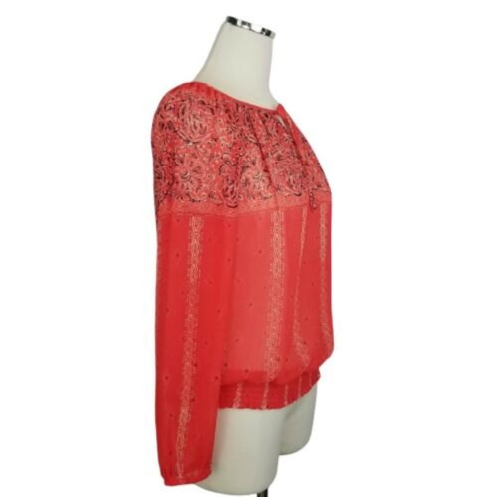 Lucky Brand Orange Blouse Medium Paisley Tie Neck Smocked Waist Top Boho Peasant - Picture 3 of 12